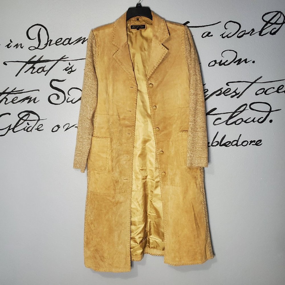 Camel Leather Suede & Knit Vintage Trench Coat from Rem Garson, Lg